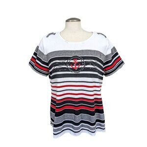Grenier Womens XL Nautical Knit Top Striped Mesh Panels Anchor Black White Red